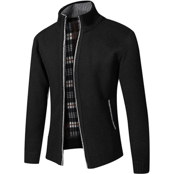 Men's‎ Shawl Collar Cardigans Slim Fit Button Cable Knit Black Sweater Pockets